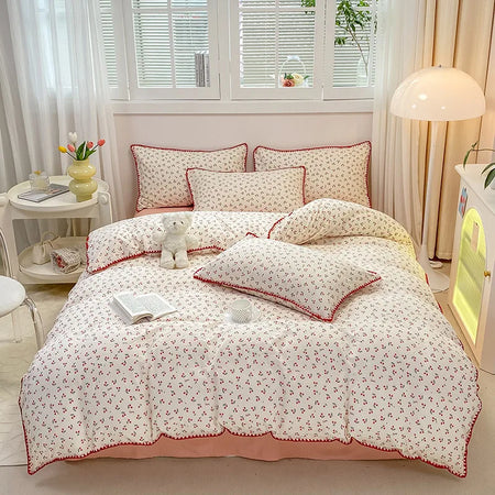 Bedding Set INS Girls Cherry Soft Washed Cotton Bed Sheet Queen King Size Duvet Set Comforter Set Pillowcase Bed Linens