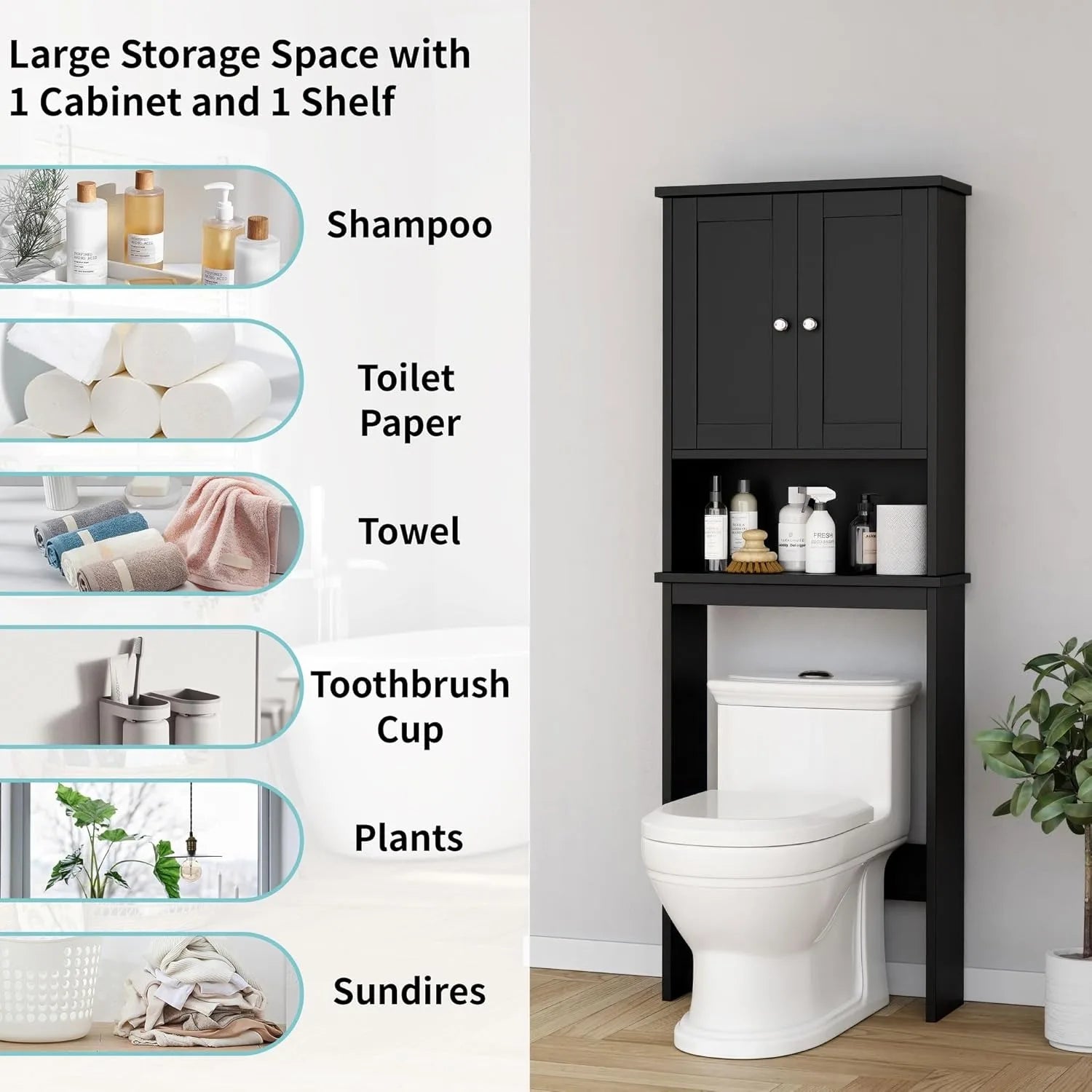 Over The Toilet Storage Cabinet, Bathroom Shelf Organizer w/ Anti-Tip Device w/ Adjustable Shelf，Black，Wood Door