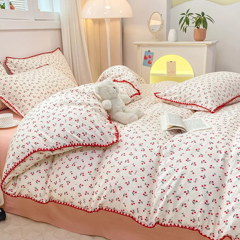 Bedding Set INS Girls Cherry  Soft Washed Cotton Bed Sheet Queen King Size Duvet Set  Comforter Set Pillowcase Bed Linens