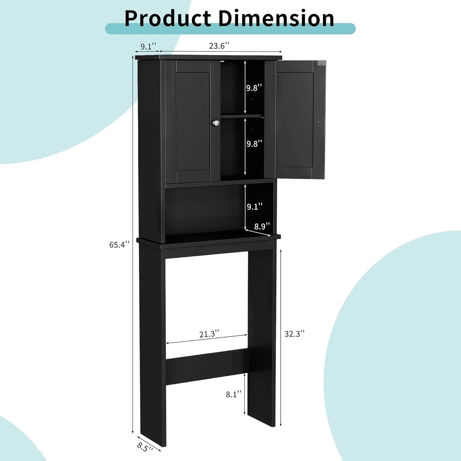 Over The Toilet Storage Cabinet, Bathroom Shelf Organizer w/ Anti-Tip Device w/ Adjustable Shelf，Black，Wood Door