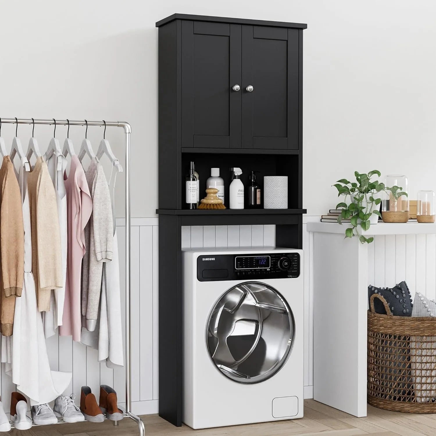 Over The Toilet Storage Cabinet, Bathroom Shelf Organizer w/ Anti-Tip Device w/ Adjustable Shelf，Black，Wood Door