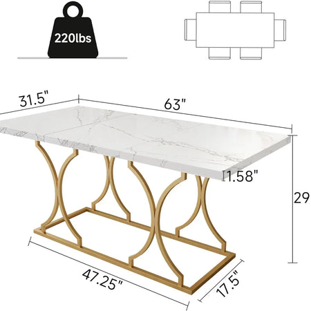 63" Luxury Dining Table Kitchen Dining Room Table Rectangle Modern Marble White Dinner Table with Gold Metel Frame for 6 People