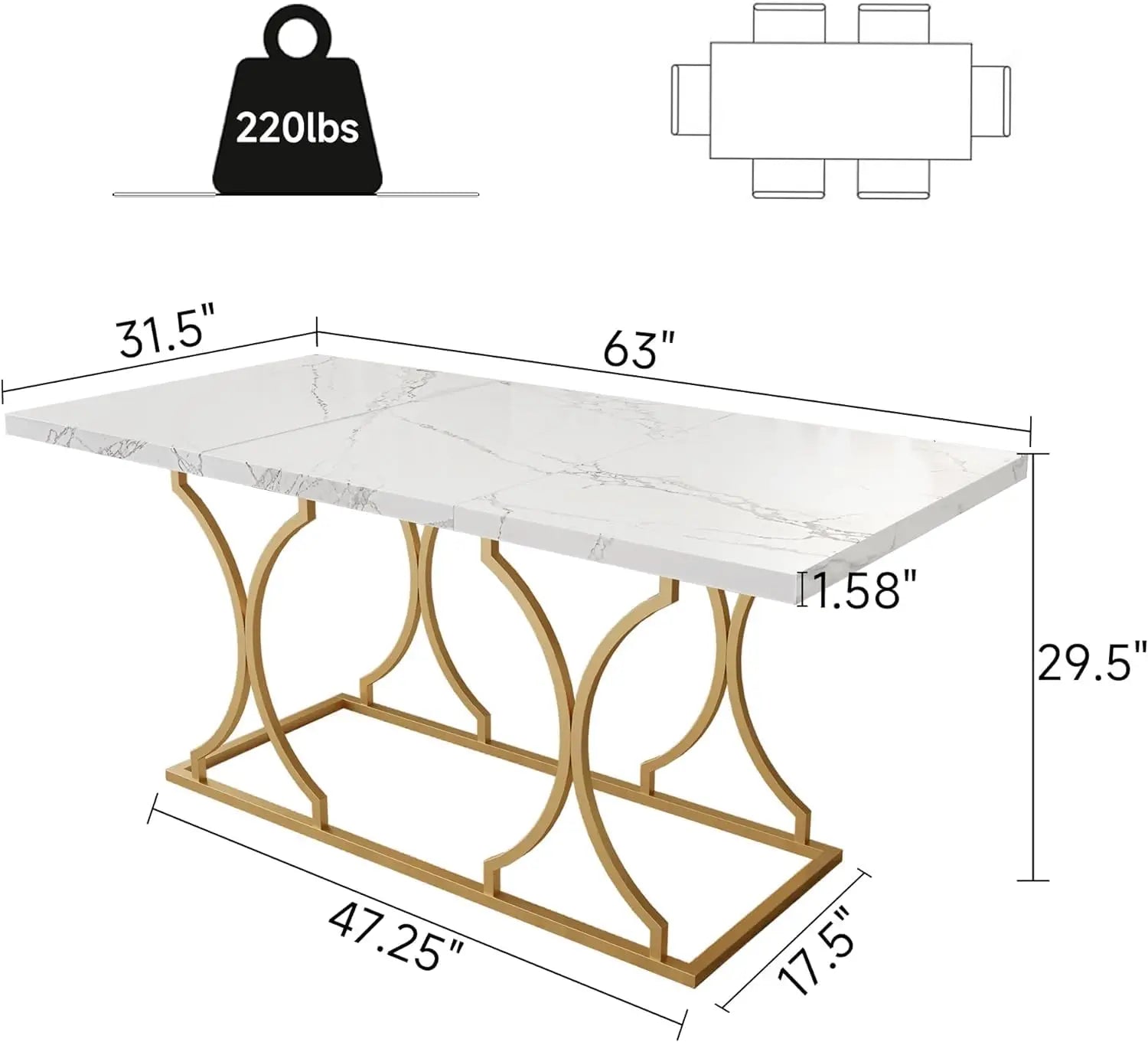 63" Luxury Dining Table Kitchen Dining Room Table Rectangle Modern Marble White Dinner Table with Gold Metel Frame for 6 People